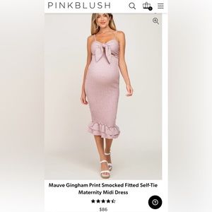Pink Blush Mauve/Pink Gingham Print Smocked Fitted Self-Tie Maternity Midi Dress